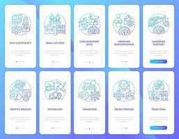 SMED methodology blue gradient onboarding mobile app screen set. Walkthrough 5 steps graphic instructions with linear concepts. UI, UX, GUI template vector