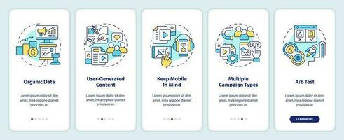 social medios de comunicación publicidad consejos inducción móvil aplicación pantalla. smm recorrido 5 5 pasos editable gráfico instrucciones con lineal conceptos. ui, ux, gui modelo vector