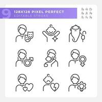 Personal characteristics pixel perfect linear icons set. Psychoanalytic theory. Anima and animus. Child, orphan. Customizable thin line symbols. Isolated vector outline illustrations. Editable stroke