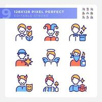 Personalities pixel perfect RGB color icons set. Psychoanalytic theory. Archetypes. Psychological classification. Isolated vector illustrations. Simple filled line drawings collection. Editable stroke