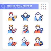 Personal characteristics pixel perfect RGB color icons set. Psychoanalytic theory. Anima and animus. Isolated vector illustrations. Simple filled line drawings collection. Editable stroke