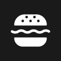 Burger dark mode glyph ui icon. Substantial meal. Fast food lunch. User interface design. White silhouette symbol on black space. Solid pictogram for web, mobile. Vector isolated illustration