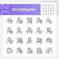 Character archetypes pixel perfect linear icons set. Psychoanalytic theory. Personal characteristics and traits. Customizable thin line symbols. Isolated vector outline illustrations. Editable stroke