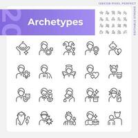 Character archetypes pixel perfect linear icons set. Psychoanalytic theory. Personal characteristics and traits. Customizable thin line symbols. Isolated vector outline illustrations. Editable stroke