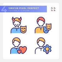 Personal traits pixel perfect RGB color icons set. Caregiver and creator. Personality. Psychoanalytic theory. Isolated vector illustrations. Simple filled line drawings collection. Editable stroke