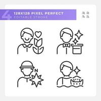 Male archetypes pixel perfect linear icons set. Personality traits. Psychoanalytic theory. Lover, magician. Customizable thin line symbols. Isolated vector outline illustrations. Editable stroke