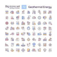 Geothermal energy RGB color icons set. Alternative power. Green electricity. Technologies and usage. Isolated vector illustrations. Simple filled line drawings collection. Editable stroke