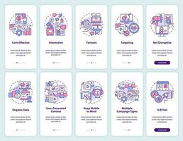 SMM benefits and tips onboarding mobile app screens set. Walkthrough 5 steps editable graphic instructions with linear concepts. UI, UX, GUI template vector