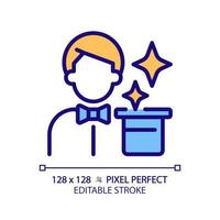 Magician pixel perfect RGB color icon. Character archetype. Psychoanalytic theory. Wise personality. Manipulation skill. Isolated vector illustration. Simple filled line drawing. Editable stroke