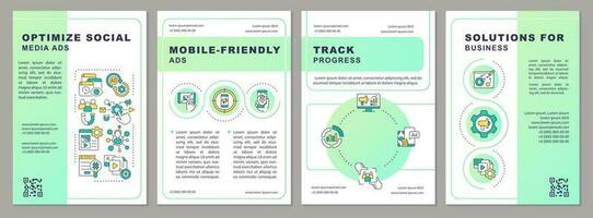 Optimize social media ads green gradient brochure template. SMM strategy. Leaflet design with linear icons. 4 vector layouts for presentation, annual reports