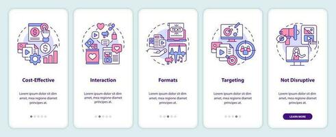 Social media advertising benefits onboarding mobile app screen. Walkthrough 5 steps editable graphic instructions with linear concepts. UI, UX, GUI template vector
