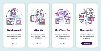 Types of social media ads onboarding mobile app screen. Promo walkthrough 4 steps editable graphic instructions with linear concepts. UI, UX, GUI template vector