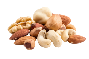 Cashew nuts, almond, hazelnut and blanched peanuts isolated on Transparent background, generate ai png