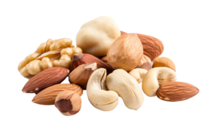 Cashew nuts, almond, hazelnut and blanched peanuts isolated on Transparent background, generate ai png