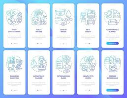 Traveling with pets onboarding blue gradient mobile app screen set. Animal care walkthrough 5 steps graphic instructions with linear concepts. UI, UX, GUI template vector