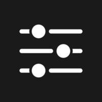 Filters button pixel dark mode glyph ui icon. Adjustment possibilities. User interface design. White silhouette symbol on black space. Solid pictogram for web, mobile. Vector isolated illustration