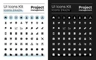 Project management glyph ui icons kit for dark, light mode. Task solving. Silhouette symbols for night, day themes. Solid pictograms. Vector isolated illustrations