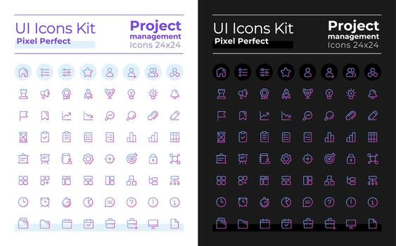 Project management pixel perfect gradient linear ui icons kit for dark, light mode. Line contour user interface symbols. Vector isolated outline illustrations