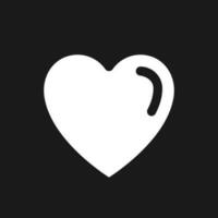 Heart dark mode glyph ui icon. Tender feelings. Healthcare and wellness. User interface design. White silhouette symbol on black space. Solid pictogram for web, mobile. Vector isolated illustration