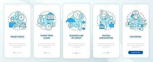 Sources of short term financing blue onboarding mobile app screen. Walkthrough 5 steps editable graphic instructions with linear concepts. UI, UX, GUI template vector