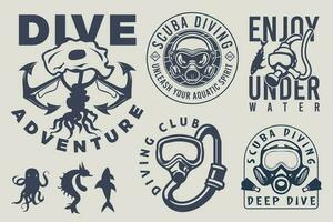 Set of vintage Scuba diving and diving club badges with design elements. The concept for shirt or logo, print, stamp. Underwater scuba diving club vector vintage emblems