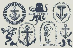 conjunto de náutico logotipos, marina insignias, marítimo y mar Oceano estilo citas con un ancla, y valores vector para camiseta huellas dactilares.