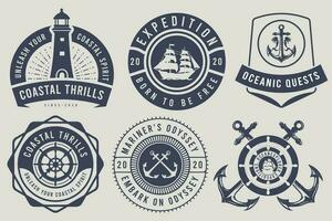 Nautical ship anchor and vintage coastal icons, ocean spirit, and seafarer captain signs. Sailing on a small boat. Ocean Explorer vintage badge logo silhouette. vector