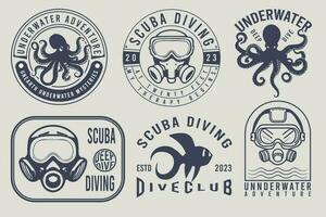 submarino escafandra autónoma buceo club vector Clásico emblemas y etiquetas. buceo club conjunto de Clásico vector emblemas, insignias, etiquetas, y logos con Clásico buzo casco aislado