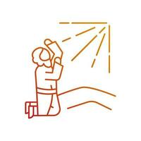 Apostle pray to holy radiance gradient linear vector icon. Saint Paul conversion. Man on knee raise hands to sky. Bible. Thin line color symbol. Modern style pictogram. Vector isolated outline drawing