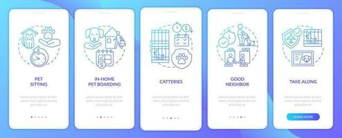 Pet boarding onboarding blue gradient mobile app screen. Animal travel care walkthrough 5 steps graphic instructions with linear concepts. UI, UX, GUI template vector