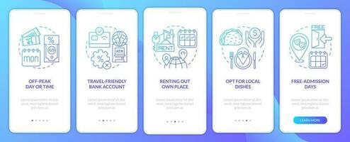 Saving travel money tips onboarding blue gradient mobile app screen. Budget walkthrough 5 steps graphic instructions with linear concepts. UI, UX, GUI template vector