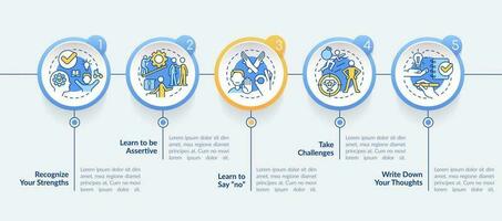 Improving self esteem ways circle infographic template. Data visualization with 5 steps. Editable timeline info chart. Workflow layout with line icons vector