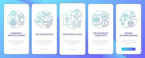 Travel safety tips onboarding blue gradient mobile app screen. Trip security walkthrough 5 steps graphic instructions with linear concepts. UI, UX, GUI template vector