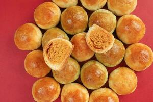 Tambun biscuits small Tau Sar Pneah famous Bukit Tambun Penang delicacies on red background photo