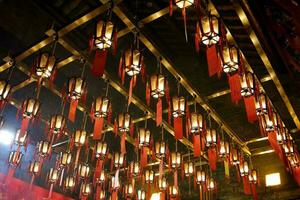 Chinese scroll lantern lamp hanging from temple ceiling photo