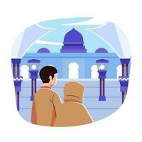 A cartoon of a couple in front of a nabawi mosque vector