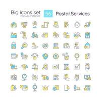 Postal service RGB color icons set. Delivery company. Shipping process. Mailing. Isolated vector illustrations. Simple filled line drawings collection. Editable stroke