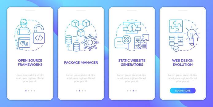 Best trends in digital industry blue gradient onboarding mobile app screen. Walkthrough 4 steps graphic instructions with linear concepts. UI, UX, GUI template vector
