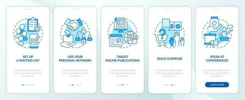 Getting first clients tips blue onboarding mobile app screen. Walkthrough 5 steps editable graphic instructions with linear concepts. UI, UX, GUI template vector