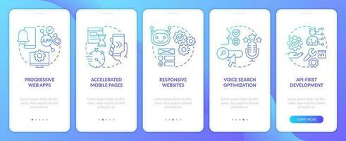 Future of web technologies blue gradient onboarding mobile app screen. Walkthrough 5 steps graphic instructions with linear concepts. UI, UX, GUI template vector