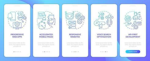 futuro de web tecnologías azul degradado inducción móvil aplicación pantalla. recorrido 5 5 pasos gráfico instrucciones con lineal conceptos. ui, ux, gui modelo vector