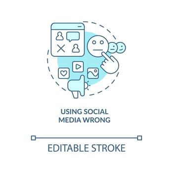 Using social media wrong turquoise concept icon. Digital strategy mistake to avoid abstract idea thin line illustration. Isolated outline drawing. Editable stroke vector