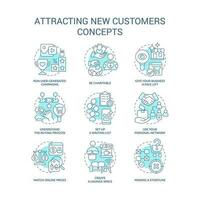 Attracting new customers turquoise concept icons set. Getting new clients for business thin line color illustrations. Isolated symbols. Editable stroke vector