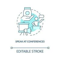 Speak at conferences turquoise concept icon. Finding new consumers tip abstract idea thin line illustration. Isolated outline drawing. Editable stroke vector