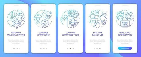 Choosing business tools factors blue gradient onboarding mobile app screen. Walkthrough 5 steps graphic instructions with linear concepts. UI, UX, GUI template vector