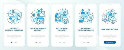 Finding potential clients blue onboarding mobile app screen. Walkthrough 5 steps editable graphic instructions with linear concepts. UI, UX, GUI template vector