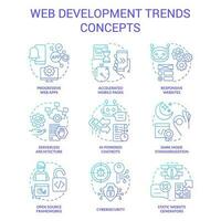 Web development trends blue gradient concept icons set. Website production. Online business future idea thin line color illustrations. Isolated symbols vector