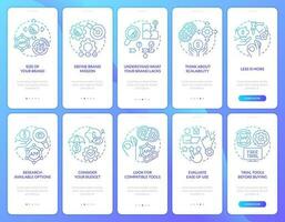 Consideration business tools blue gradient onboarding mobile app screen set. Walkthrough 5 steps graphic instructions with linear concepts. UI, UX, GUI template vector