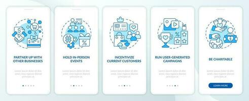 Get new clients for business blue onboarding mobile app screen. Walkthrough 5 steps editable graphic instructions with linear concepts. UI, UX, GUI template vector
