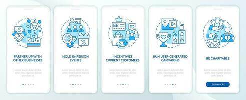 obtener nuevo clientela para negocio azul inducción móvil aplicación pantalla. recorrido 5 5 pasos editable gráfico instrucciones con lineal conceptos. ui, ux, gui modelo vector